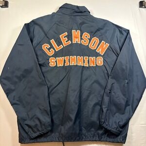 True Vintage Clemson Swimming Coaches Jacket Navy Blue Nylon Snap Large 70s 80s